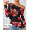 imageZESICA Womens Trendy Off Shoulder Floral Mesh Tops Slim Fit Sexy Long Sleeve Shirts Asymmetrical Ruched BlousesBlack