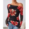 imageZESICA Womens Trendy Off Shoulder Floral Mesh Tops Slim Fit Sexy Long Sleeve Shirts Asymmetrical Ruched BlousesBlack