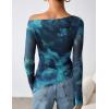 imageZESICA Womens Trendy Off Shoulder Floral Mesh Tops Slim Fit Sexy Long Sleeve Shirts Asymmetrical Ruched BlousesBlue