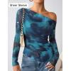 imageZESICA Womens Trendy Off Shoulder Floral Mesh Tops Slim Fit Sexy Long Sleeve Shirts Asymmetrical Ruched BlousesBlue