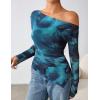 imageZESICA Womens Trendy Off Shoulder Floral Mesh Tops Slim Fit Sexy Long Sleeve Shirts Asymmetrical Ruched BlousesBlue