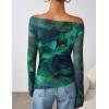 imageZESICA Womens Trendy Off Shoulder Floral Mesh Tops Slim Fit Sexy Long Sleeve Shirts Asymmetrical Ruched BlousesLakegreen