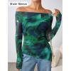 imageZESICA Womens Trendy Off Shoulder Floral Mesh Tops Slim Fit Sexy Long Sleeve Shirts Asymmetrical Ruched BlousesLakegreen