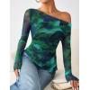 imageZESICA Womens Trendy Off Shoulder Floral Mesh Tops Slim Fit Sexy Long Sleeve Shirts Asymmetrical Ruched BlousesLakegreen