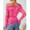 imageZESICA Womens Trendy Off Shoulder Floral Mesh Tops Slim Fit Sexy Long Sleeve Shirts Asymmetrical Ruched BlousesPink