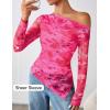 imageZESICA Womens Trendy Off Shoulder Floral Mesh Tops Slim Fit Sexy Long Sleeve Shirts Asymmetrical Ruched BlousesPink