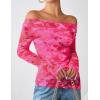 imageZESICA Womens Trendy Off Shoulder Floral Mesh Tops Slim Fit Sexy Long Sleeve Shirts Asymmetrical Ruched BlousesPink