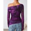 imageZESICA Womens Trendy Off Shoulder Floral Mesh Tops Slim Fit Sexy Long Sleeve Shirts Asymmetrical Ruched BlousesPurple
