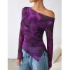 imageZESICA Womens Trendy Off Shoulder Floral Mesh Tops Slim Fit Sexy Long Sleeve Shirts Asymmetrical Ruched BlousesPurple
