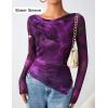 imageZESICA Womens Trendy Off Shoulder Floral Mesh Tops Slim Fit Sexy Long Sleeve Shirts Asymmetrical Ruched BlousesPurple