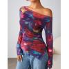 imageZESICA Womens Trendy Off Shoulder Floral Mesh Tops Slim Fit Sexy Long Sleeve Shirts Asymmetrical Ruched BlousesPurplered