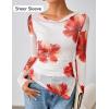imageZESICA Womens Trendy Off Shoulder Floral Mesh Tops Slim Fit Sexy Long Sleeve Shirts Asymmetrical Ruched BlousesWhite