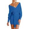 imageZESICA Womens Fall Long Batwing Sleeve Wrap V Neck Knitted Backless Bodycon Pullover Sweater Dress with BeltBrightblue