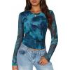 imageZESICA Womens Floral Mesh Going Out Tops Fall Long Sleeve Crewneck Slim Fit Ruched Y2k Shirts Beach Vacation OutfitsBlue