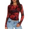 imageZESICA Womens Floral Mesh Going Out Tops Fall Long Sleeve Crewneck Slim Fit Ruched Y2k Shirts Beach Vacation OutfitsRed