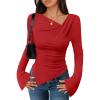 imageZESICA Womens Long Bell Sleeve Shirts 2025 Fall Going Out Asymmetrical Crop Tops Slim Fit Ribbed Ruched Y2K ClothesRed
