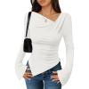 imageZESICA Womens Long Bell Sleeve Shirts 2025 Fall Going Out Asymmetrical Crop Tops Slim Fit Ribbed Ruched Y2K ClothesWhite