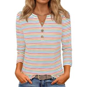 imageZESICA 34 Length Sleeve Womens Tops 2025 Fall Boho Striped Henley Shirts Dressy Casual BlousesBeige