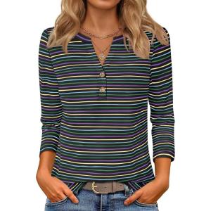 imageZESICA 34 Length Sleeve Womens Tops 2025 Fall Boho Striped Henley Shirts Dressy Casual BlousesBlack