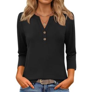 imageZESICA 34 Length Sleeve Womens Tops 2025 Fall Boho Striped Henley Shirts Dressy Casual BlousesEbony