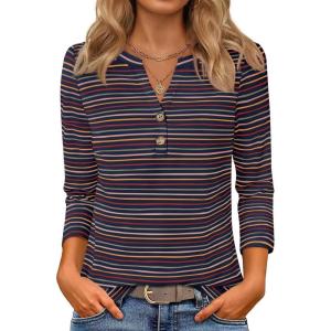 imageZESICA 34 Length Sleeve Womens Tops 2025 Fall Boho Striped Henley Shirts Dressy Casual BlousesNavy