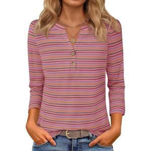 imageZESICA 34 Length Sleeve Womens Tops 2025 Fall Boho Striped Henley Shirts Dressy Casual BlousesPink