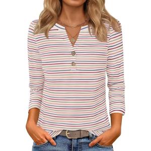 imageZESICA 34 Length Sleeve Womens Tops 2025 Fall Boho Striped Henley Shirts Dressy Casual BlousesWhite