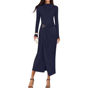imageZESICA Womens 2025 Fall Long Sleeve Bodycon Dress Mock Neck Party Cocktail Wedding Guest Long Midi DressesNavy