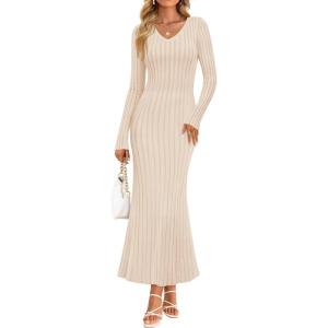 imageZESICA Womens 2025 Fall Sweater Dress Long Sleeve V Neck Ribbed Knit Party Cocktail Bodycon Maxi DressesApricot