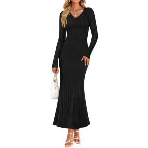 imageZESICA Womens 2025 Fall Sweater Dress Long Sleeve V Neck Ribbed Knit Party Cocktail Bodycon Maxi DressesBlack