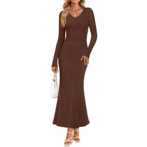 imageZESICA Womens 2025 Fall Sweater Dress Long Sleeve V Neck Ribbed Knit Party Cocktail Bodycon Maxi DressesBrown