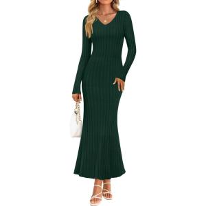 imageZESICA Womens 2025 Fall Sweater Dress Long Sleeve V Neck Ribbed Knit Party Cocktail Bodycon Maxi DressesDarkgreen