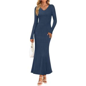 imageZESICA Womens 2025 Fall Sweater Dress Long Sleeve V Neck Ribbed Knit Party Cocktail Bodycon Maxi DressesDustyblue