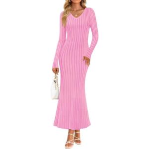 imageZESICA Womens 2025 Fall Sweater Dress Long Sleeve V Neck Ribbed Knit Party Cocktail Bodycon Maxi DressesPink