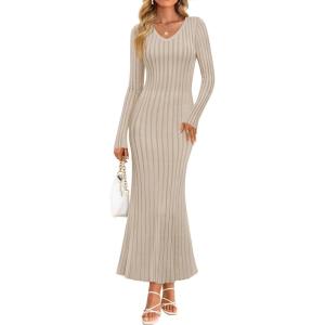 imageZESICA Womens 2025 Fall Sweater Dress Long Sleeve V Neck Ribbed Knit Party Cocktail Bodycon Maxi DressesSand