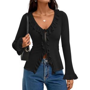 imageZESICA Womens 2025 Fall Tie Front Bow Cardigan Sweaters Long Bell Sleeve V Neck Ruffled Knit Cropped Trendy TopsBlack