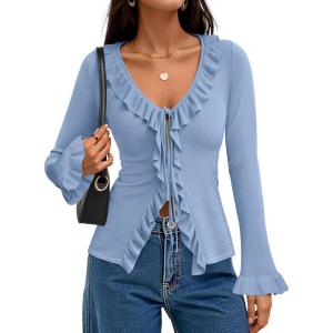 imageZESICA Womens 2025 Fall Tie Front Bow Cardigan Sweaters Long Bell Sleeve V Neck Ruffled Knit Cropped Trendy TopsBlue