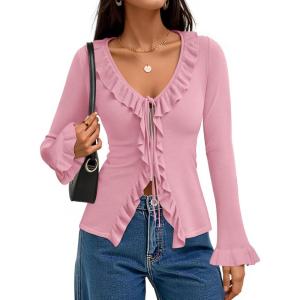 imageZESICA Womens 2025 Fall Tie Front Bow Cardigan Sweaters Long Bell Sleeve V Neck Ruffled Knit Cropped Trendy TopsPink