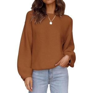 imageZESICA Womens Crew Neck Long Lantern Sleeve Fall 2025 Casual Loose Ribbed Knit Solid Soft Pullover Sweater TopsBrown