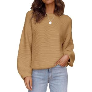 imageZESICA Womens Crew Neck Long Lantern Sleeve Fall 2025 Casual Loose Ribbed Knit Solid Soft Pullover Sweater TopsCamel