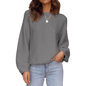 imageZESICA Womens Crew Neck Long Lantern Sleeve Fall 2025 Casual Loose Ribbed Knit Solid Soft Pullover Sweater TopsDarkgrey