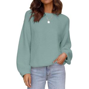 imageZESICA Womens Crew Neck Long Lantern Sleeve Fall 2025 Casual Loose Ribbed Knit Solid Soft Pullover Sweater TopsLake