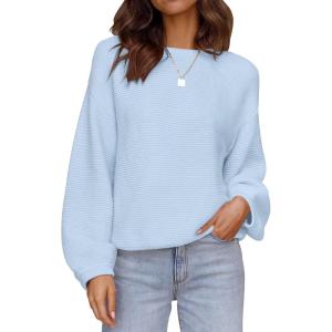 imageZESICA Womens Crew Neck Long Lantern Sleeve Fall 2025 Casual Loose Ribbed Knit Solid Soft Pullover Sweater TopsLightblue