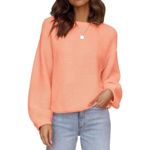imageZESICA Womens Crew Neck Long Lantern Sleeve Fall 2025 Casual Loose Ribbed Knit Solid Soft Pullover Sweater TopsPeach