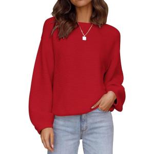 imageZESICA Womens Crew Neck Long Lantern Sleeve Fall 2025 Casual Loose Ribbed Knit Solid Soft Pullover Sweater TopsRed