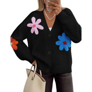 imageZESICA Womens Fall Floral Cardigan Sweaters 2025 Casual Long Sleeve Open Front Button Down V Neck Knit SweaterBlack