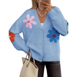 imageZESICA Womens Fall Floral Cardigan Sweaters 2025 Casual Long Sleeve Open Front Button Down V Neck Knit SweaterBlue