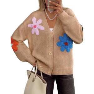 imageZESICA Womens Fall Floral Cardigan Sweaters 2025 Casual Long Sleeve Open Front Button Down V Neck Knit SweaterKhaki