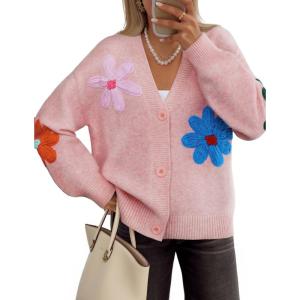 imageZESICA Womens Fall Floral Cardigan Sweaters 2025 Casual Long Sleeve Open Front Button Down V Neck Knit SweaterPink