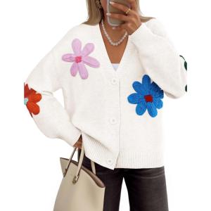 imageZESICA Womens Fall Floral Cardigan Sweaters 2025 Casual Long Sleeve Open Front Button Down V Neck Knit SweaterWhite